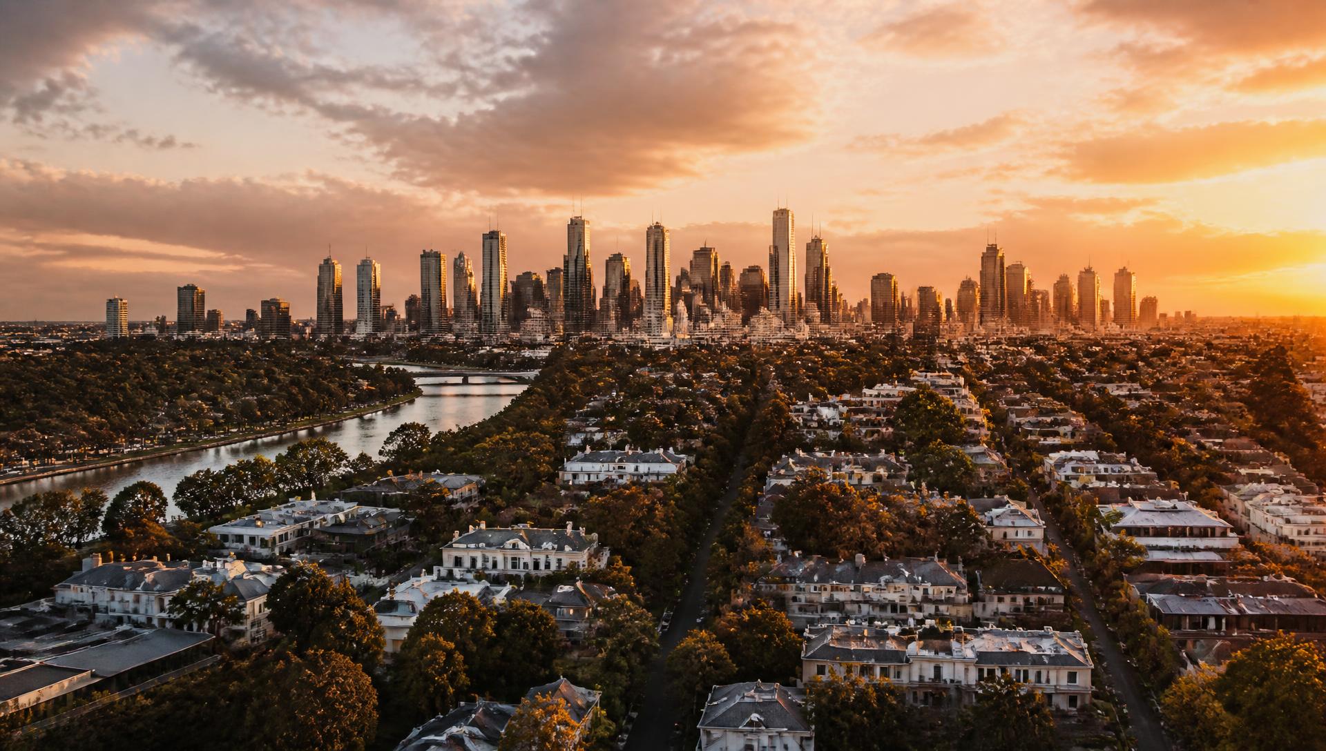 Aerial view of Melbourne and premium residential neighbourhoods at golden hour